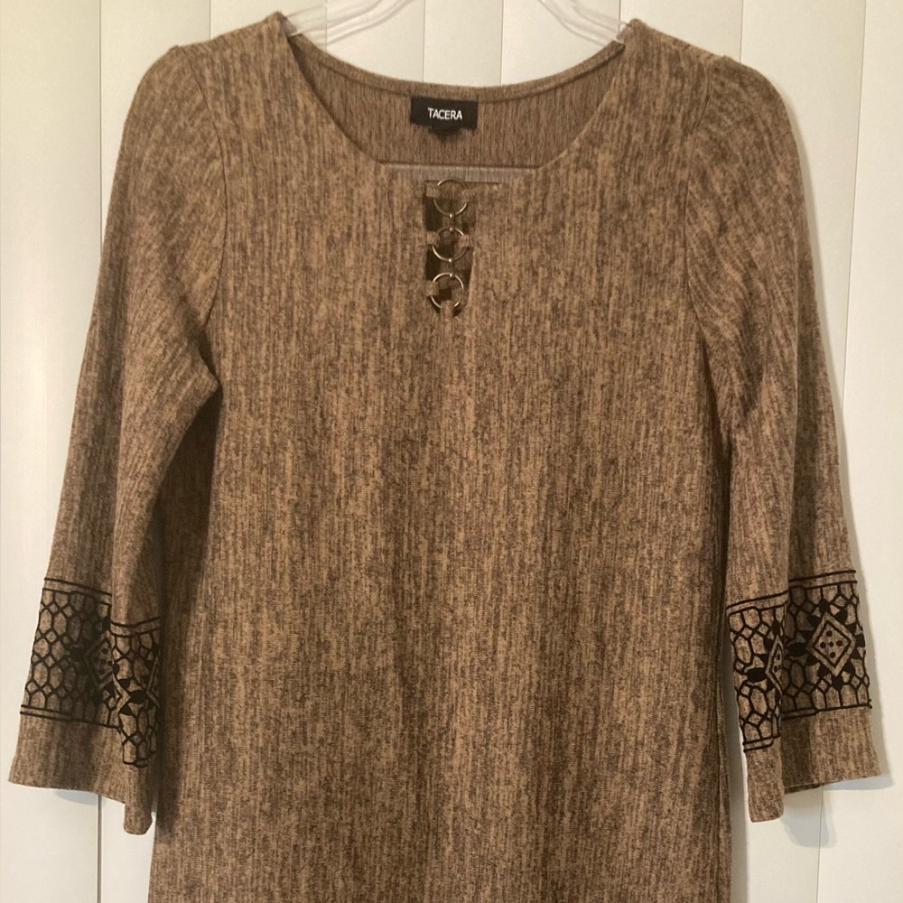 Tacera Brown Black Petite Dress Size PS Metal Accent Boho Party Office Wear Soft